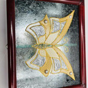 Mixed Media Stained Glass Butterfly Art Box Vintage Wood Base NWT